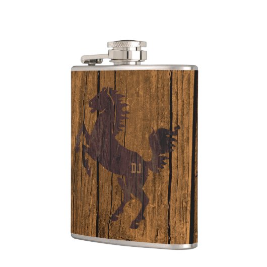 Monogramed Rustic Wood Kijk Horse Flask Heupfles (Links)