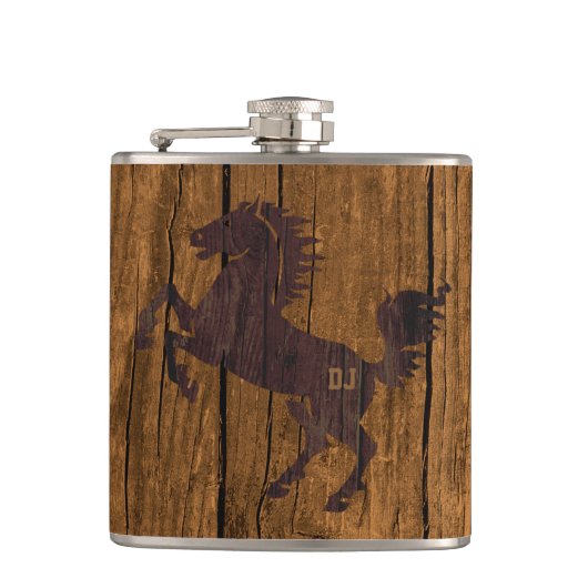 Monogramed Rustic Wood Kijk Horse Flask Heupfles (Voorkant)