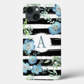 Monogramed Stripes Blue Floral Case-Mate iPhone Case (Achterkant)
