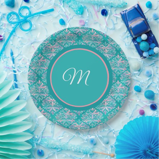 Monogramed Teal Pattern Napkins Papieren Bordje (Feest)