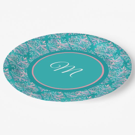 Monogramed Teal Pattern Napkins Papieren Bordje (Gekanteld)