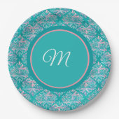 Monogramed Teal Pattern Napkins Papieren Bordje (Voorkant)