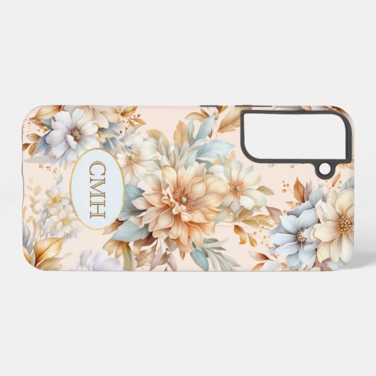Monogramed Telefoonhoesje Peach Blue Floral Samsung Galaxy Hoesje (Achterkant horizontaal)