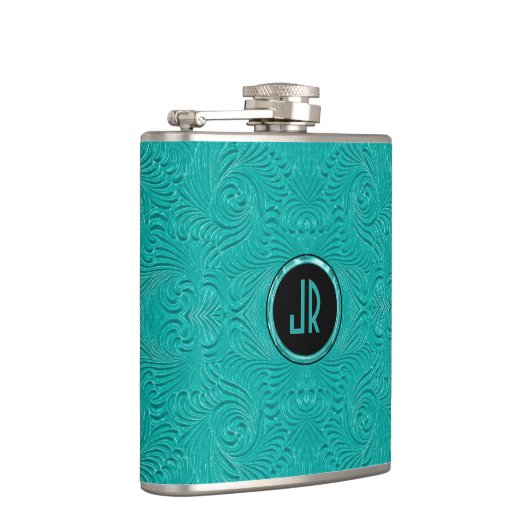 Monogramed Turquoise Embossed Floral Dammaskers Heupfles (Rechts)