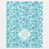 Monogramed Turquoise & Witte Bloemen Damasks Fleece Deken (Voorkant)