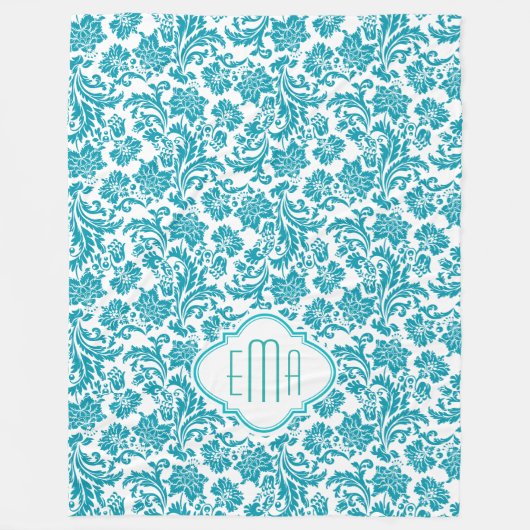 Monogramed Turquoise & Witte Bloemen Damasks Fleece Deken (Voorkant)