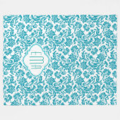 Monogramed Turquoise & Witte Bloemen Damasks Fleece Deken (Voorkant (Horizontaal))