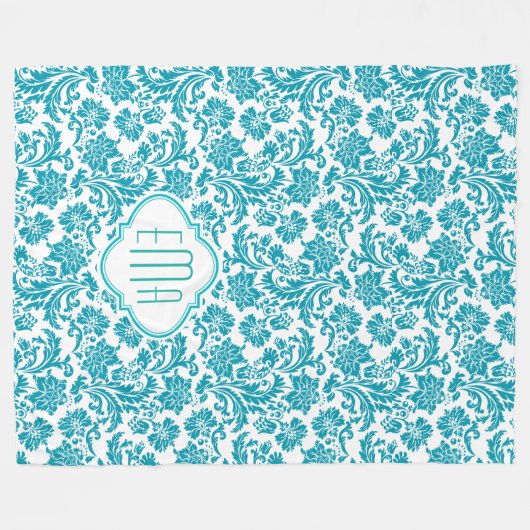 Monogramed Turquoise & Witte Bloemen Damasks Fleece Deken (Voorkant (Horizontaal))