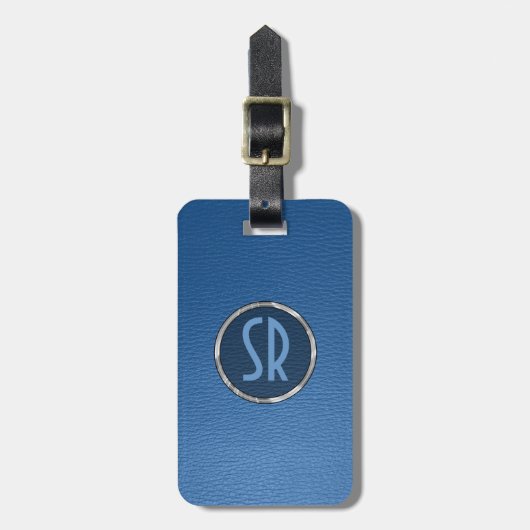 Monogramed versleten blauw leder look bagagelabel (Voorkant verticaal)
