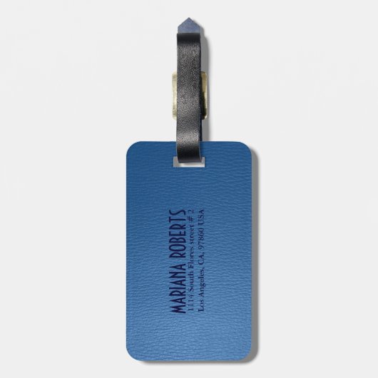 Monogramed versleten blauw leder look bagagelabel (Achterkant verticaal)