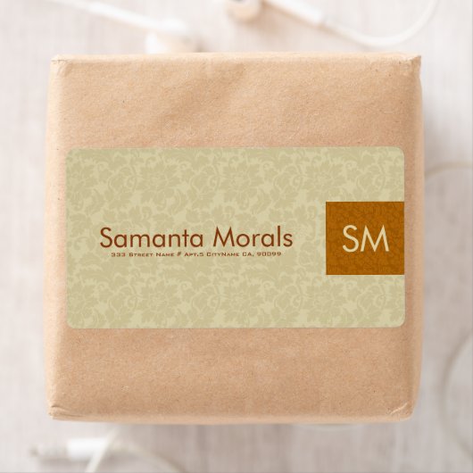 Monogramed Vet Modern Beige & Bruin Damasks 2 Etiket (Insitu)