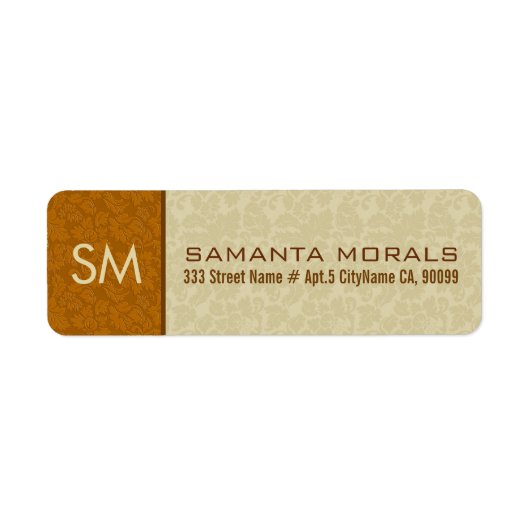 Monogramed Vet Modern Beige & Bruine Damasks Etiket (Voorkant)