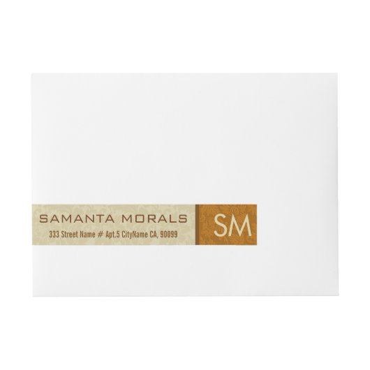 Monogramed Vet Modern Beige & Bruine Damasks Omwikkelbaar Adreslabel (Voorkant)
