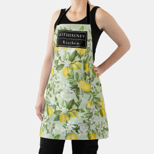 Monogramed Waterverf Gele Lemons White Florals  Schort (Insitu)