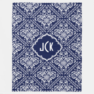 Monogramed White Floral Damkers & Blue Background Fleece Deken