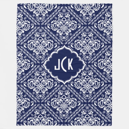 Monogramed White Floral Damkers & Blue Background Fleece Deken (Voorkant)