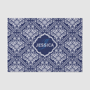 Monogramed White Floral Damkers & Blue Background Tissuepapier