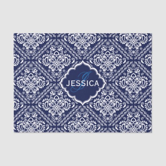 Monogramed White Floral Damkers & Blue Background Tissuepapier (Voorkant)