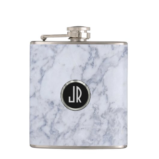 Monogramed White Marble Stone Pattern & Silver Heupfles (Voorkant)