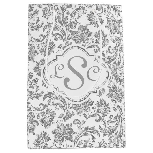 Monogramed White & Metallic Silver Floral Damasers Medium Cadeauzakje (Voorkant)