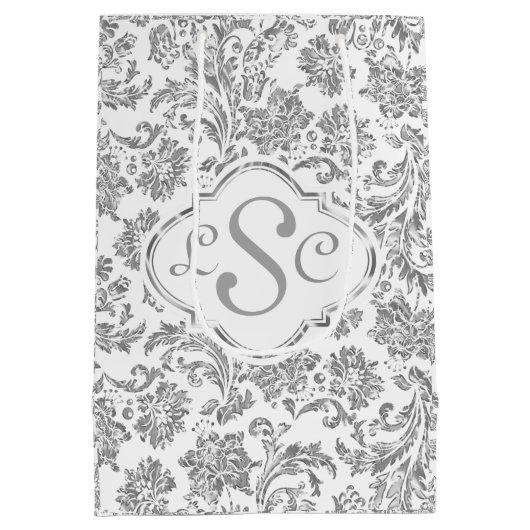 Monogramed White & Metallic Silver Floral Damasers Medium Cadeauzakje (Achterkant)