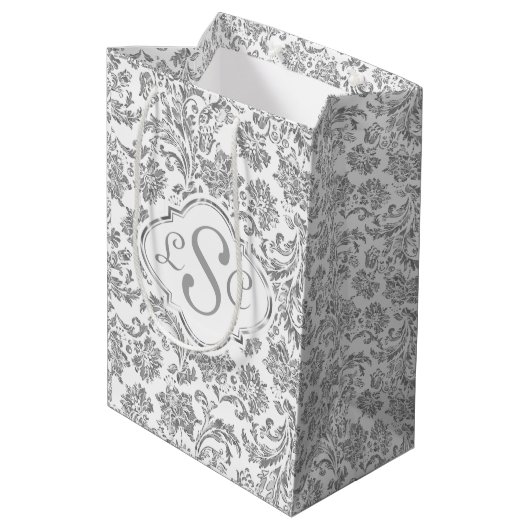 Monogramed White & Metallic Silver Floral Damasers Medium Cadeauzakje (Achterkant Gekanteld)