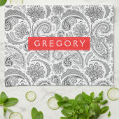 Monogramed wit en grijs bloemen paisley theedoek (Gevouwen)