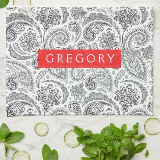 Monogramed wit en grijs bloemen paisley theedoek (Gevouwen)