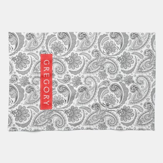 Monogramed wit en grijs bloemen paisley theedoek (Horizontaal)