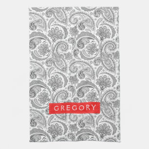 Monogramed wit en grijs bloemen paisley theedoek