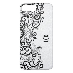 Monogramed Wit & Zwart Bloemen Kant & Damaskers iPhone 8/7 Plus Hoesje