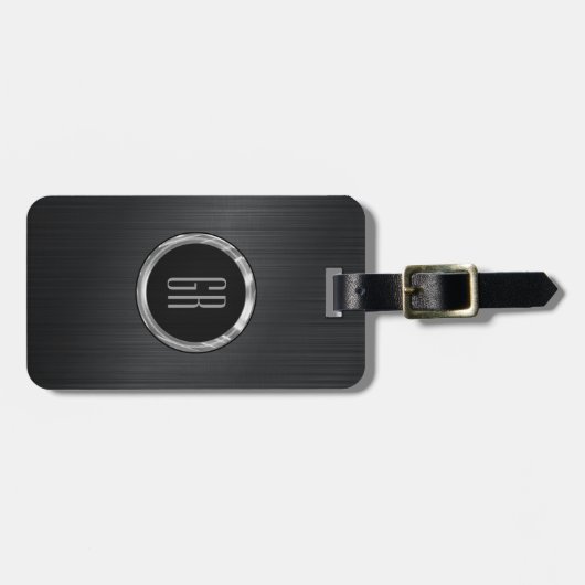 Monogramed zwart geborsteld aluminium textuur 2 bagagelabel (Voorkant horizontaal)