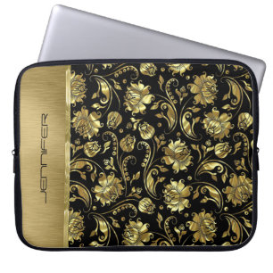 Monogramed zwart & Gold Damascus Pattern Laptop Sleeve