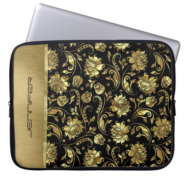 Monogramed zwart & Gold Damascus Pattern Laptop Sleeve (Voorkant)