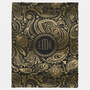 Monogramed zwart goud paisley patroon fleece deken