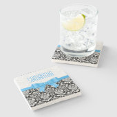 Monogramed Zwart & Wit Damasks Blauw Lint Stenen Onderzetter (Zijkant)