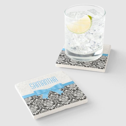 Monogramed Zwart & Wit Damasks Blauw Lint Stenen Onderzetter (Zijkant)