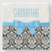 Monogramed Zwart & Wit Damasks Blauw Lint Stenen Onderzetter (Voorkant)