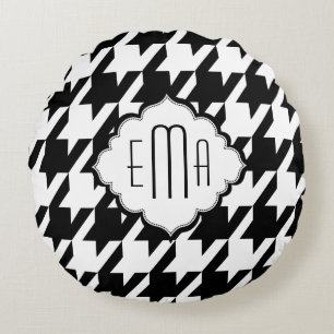 Monogramed zwart-wit houndstooth rond kussen