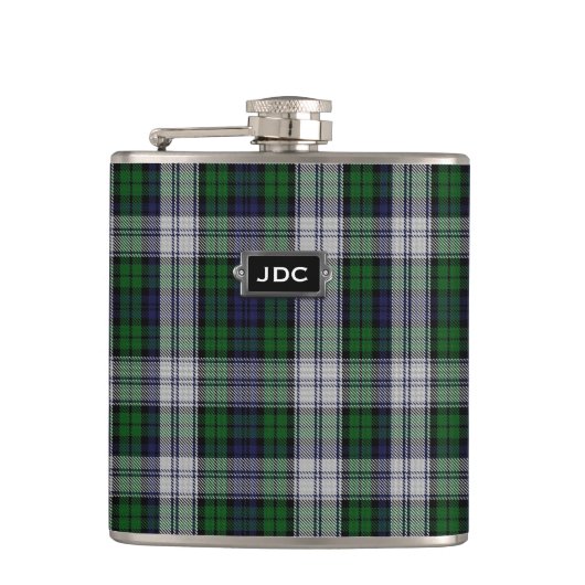 Monogramed Zwarte Horloge Jurk Tartan Plaid Flask Heupfles (Voorkant)