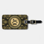 MonogramedBlack & Gold Floral Damaskers Bagagelabel (Voorkant horizontaal)