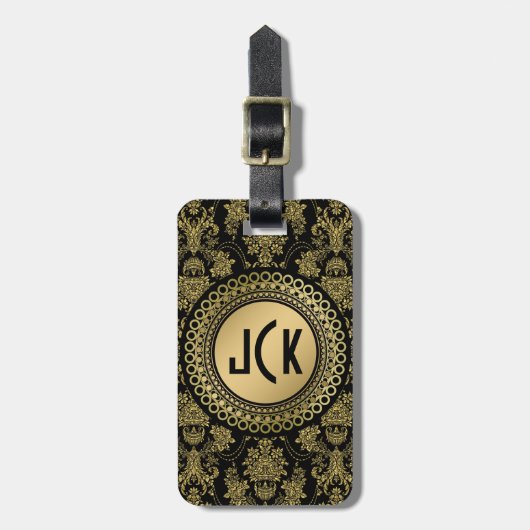 MonogramedBlack & Gold Floral Damaskers Bagagelabel (Voorkant verticaal)