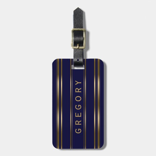 MonogramedNavy Blue en Gold Stripes Pattern Bagagelabel (Voorkant verticaal)