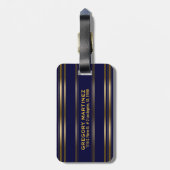 MonogramedNavy Blue en Gold Stripes Pattern Bagagelabel (Achterkant verticaal)