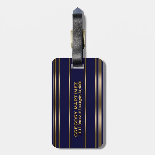 MonogramedNavy Blue en Gold Stripes Pattern Bagagelabel (Achterkant verticaal)