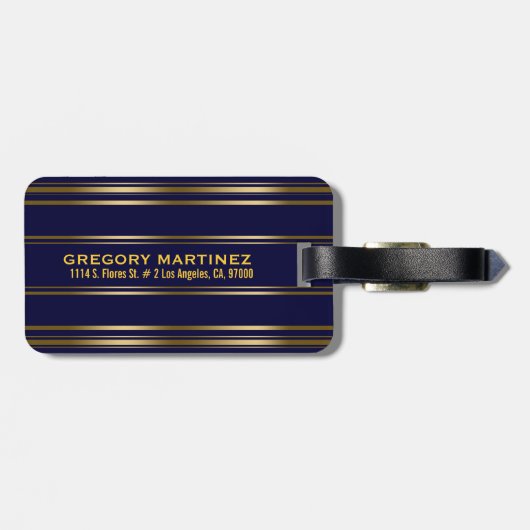 MonogramedNavy Blue en Gold Stripes Pattern Bagagelabel (Achterkant horizontaal)