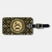 MonogramedZwart & Goud  Bloemen Damasks 2 Bagagelabel (Voorkant horizontaal)