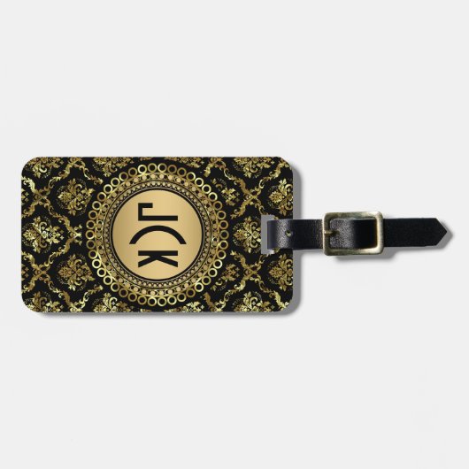 MonogramedZwart & Goud  Bloemen Damasks 2 Bagagelabel (Voorkant horizontaal)
