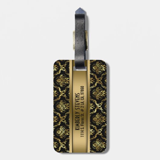 MonogramedZwart & Goud  Bloemen Damasks 2 Bagagelabel (Achterkant verticaal)