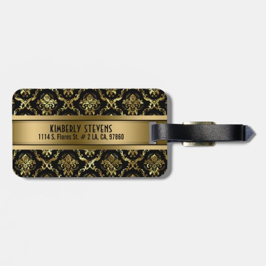 MonogramedZwart & Goud  Bloemen Damasks 2 Bagagelabel (Achterkant horizontaal)